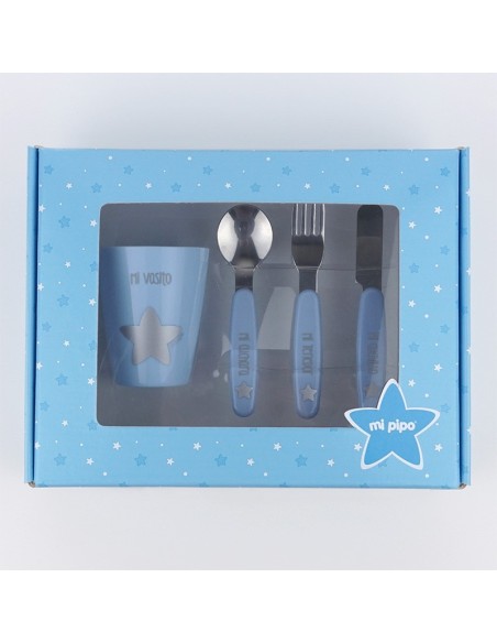 Set Mi vasito y cubiertos acero azul