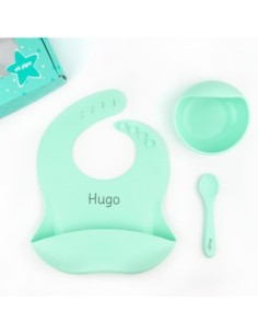 Vajilla con babero, bol y cuchara de silicona Menta personalizada