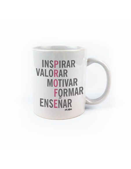 Taza cerámica o plástico Profe Adjetivos Rosa