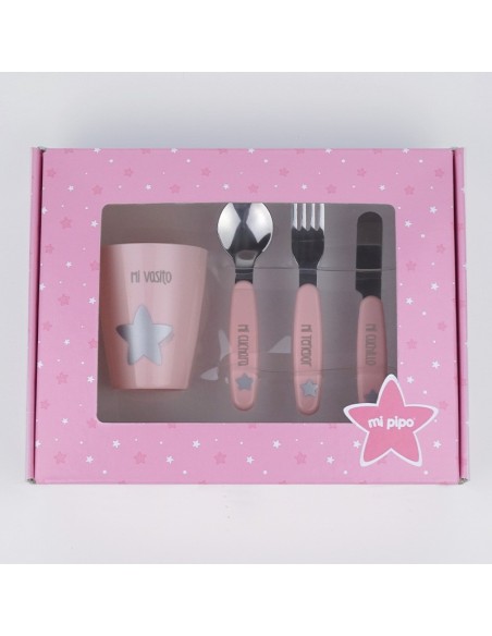 Set Mi vasito y cubiertos acero rosa