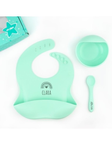 Vajilla con babero, bol y cuchara de silicona Personalizada Mostaza, dibujo a elegir