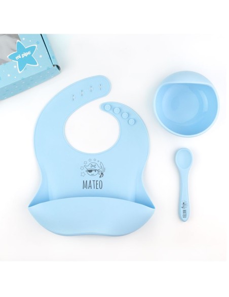 Vajilla con babero, bol y cuchara de silicona Personalizada Menta, dibujo a elegir