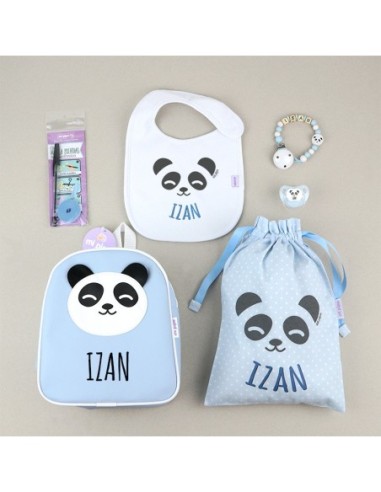 Pack Vamos al Cole personalizado Panda Azul + Regalo Marcaprendas
