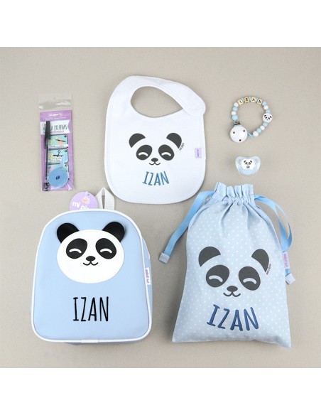 Pack Vamos al Cole personalizado Panda Azul + Regalo Marcaprendas