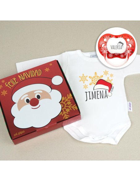 Cajita Navidad Body + Chupete New Classic Blanco Árboles Dorados Reno Personalizada
