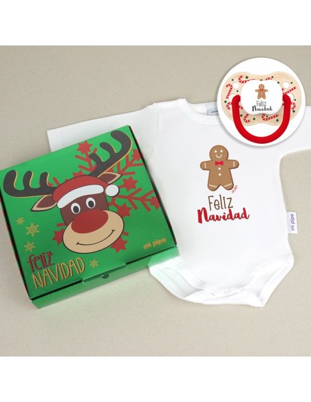 Cajita Navidad Body + Chupete New Classic Beige Bastones Galleta Feliz