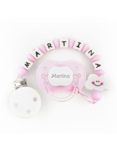 Cajita Chupete Fucsia + Cadenita de silicona Corona tonos rosa personalizados