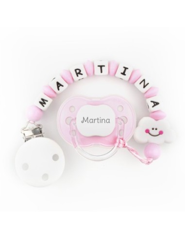 Cajita Chupete Fucsia + Cadenita de silicona Corona tonos rosa personalizados