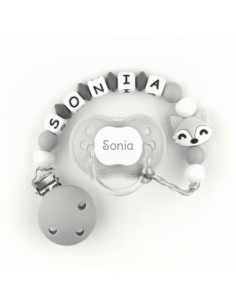 Cajita Chupete Gris + Cadenita de silicona Zorrito gris personalizados