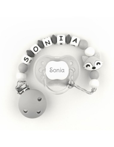 Cajita Chupete Gris + Cadenita de silicona Zorrito gris personalizados