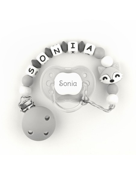 Cajita Chupete Gris + Cadenita de silicona Zorrito gris personalizados