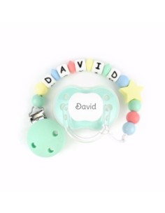 Cajita Chupete Chic Blanco Plata + Cadenita de silicona Baby Menta personalizada