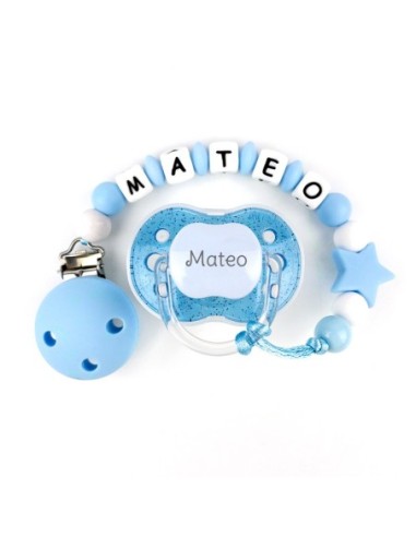 Cajita Chupete Purpurina Rosa + Cadenita de silicona Estrella Rosa personalizada