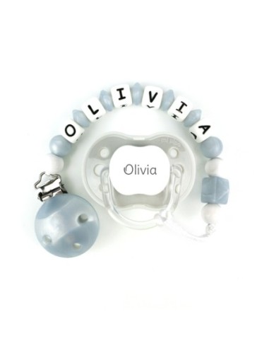 Cajita Chupete Gris + Cadenita de silicona Gris Nácar personalizada