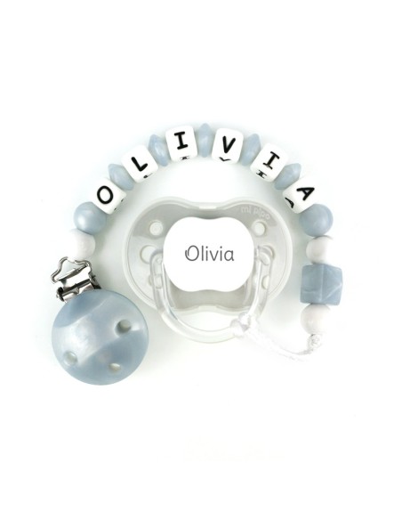 Cajita Chupete Gris + Cadenita de silicona Gris Nácar personalizada