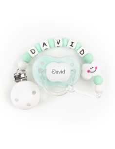 Cajita Chupete Gris + Cadenita de silicona Gris Nácar personalizada