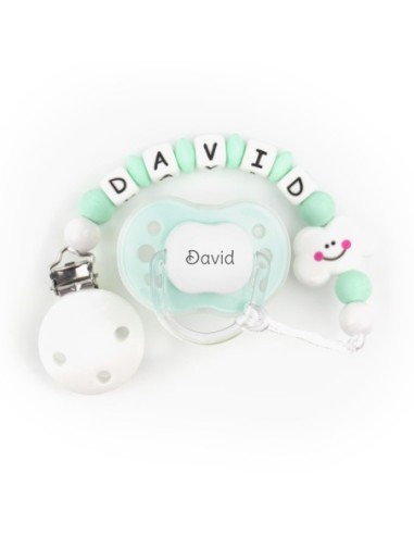 Cajita Chupete Gris + Cadenita de silicona Gris Nácar personalizada
