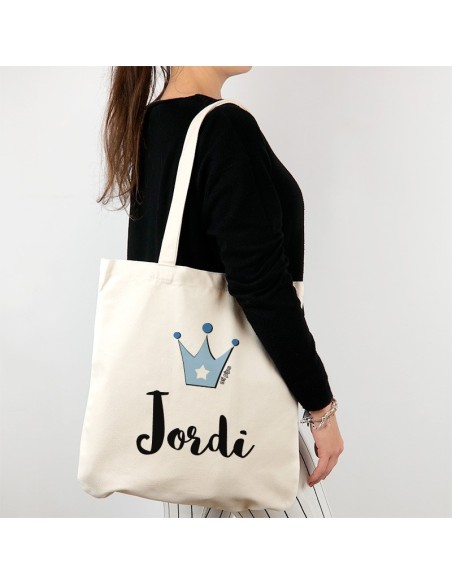 Bolso algodón orgánico personalizado Corona Azul + Nombre