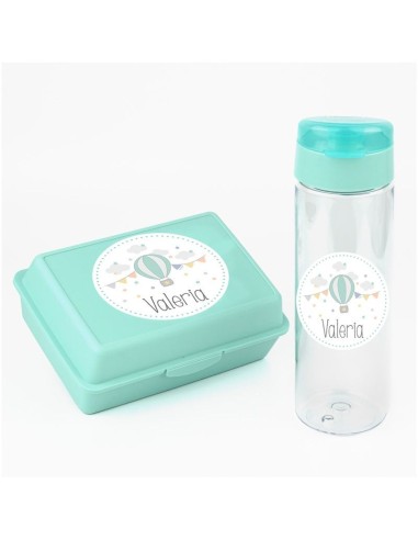 Pack Botella 600ml + Cajita Porta Alimentos Menta Globo personalizadas
