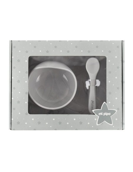 Vajilla con babero, bol y cuchara de silicona Personalizada Gris, dibujo a elegir