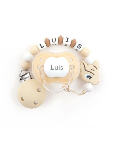 Cajita Chupete Beige+ Cadenita de silicona Ciervo personalizados