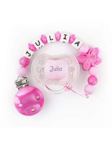 Cajita Chupete Purpurina Rosa + Cadenita de silicona Mariposa rosa nácar personalizados