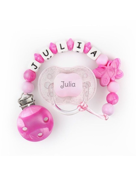 Cajita Chupete Purpurina Rosa + Cadenita de silicona Mariposa rosa nácar personalizados