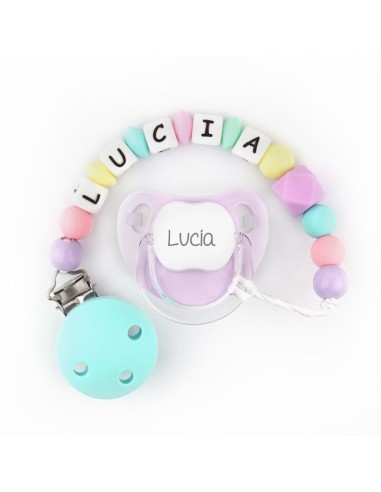 Cajita Chupete Baby Malva + Cadenita de silicona Turquesa multicolor personalizados