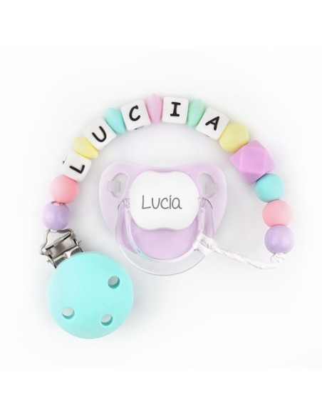 Cajita Chupete Baby Malva + Cadenita de silicona Turquesa multicolor personalizados
