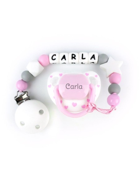 Cajita Chupete Chic Blanco Rosa + Cadenita de silicona Baby Rosa personalizada