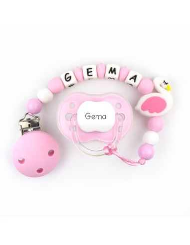 Cajita Chupete Rosa + Cadenita de silicona Cisne Rosa personalizada