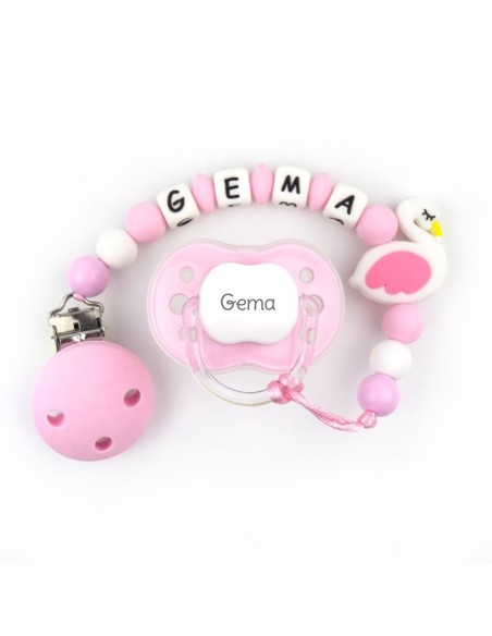 Cajita Chupete Rosa + Cadenita de silicona Cisne Rosa personalizada