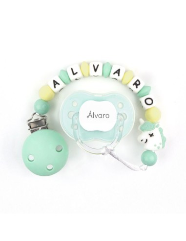 Cajita Chupete Menta + Cadenita de silicona Unicornio Menta personalizada