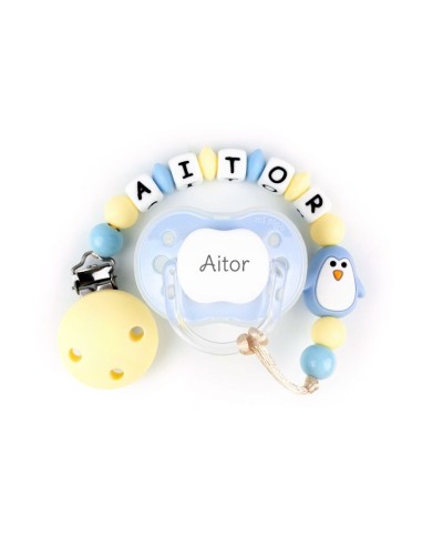 Cajita Chupete Celeste + Cadenita de silicona Pingüino personalizada