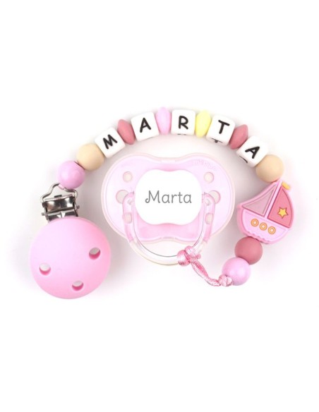 Cajita Chupete Rosa + Cadenita de silicona Barquito Rosa personalizada
