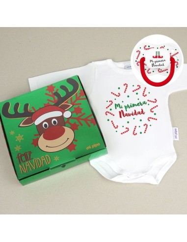 Cajita Navidad Body + Chupete New Classic Blanco Bastones Mi primera Navidad