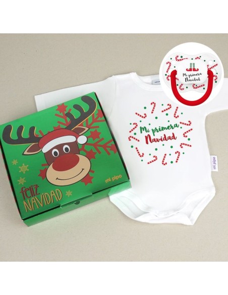 Cajita Navidad Body + Chupete New Classic Blanco Bastones Mi primera Navidad