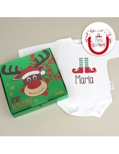 Cajita Navidad Body + Chupete New Classic Blanco Bastones Elfo Personalizada