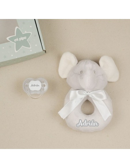 Mi Pipo Cajita Sonajero Elefante Gris Personalizada