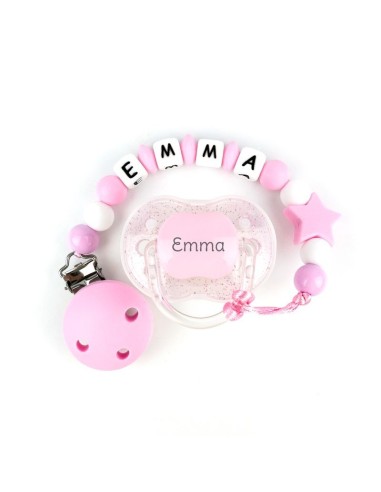 Cajita Chupete Purpurina Rosa + Cadenita de silicona Estrella Rosa personalizada