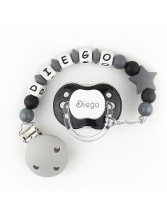 Cajita Chupete Negro + Cadenita de silicona Estrella gris personalizados