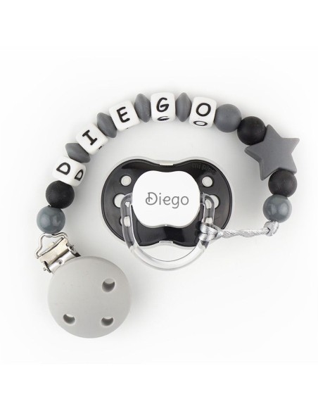 Cajita Chupete Negro + Cadenita de silicona Estrella gris personalizados