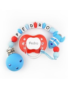 Cajita Chupete Rojo + Cadenita de silicona Cohete personalizados