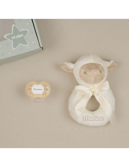 Cajita Sonajero Ovejita Beige Personalizada