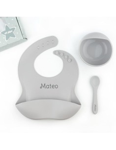 Vajilla con babero, bol y cuchara de silicona Gris personalizada