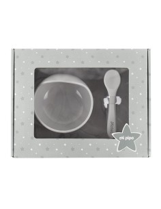 Vajilla con babero, bol y cuchara de silicona Gris personalizada 2