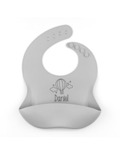 Babero SILICONA Personalizado Nombre + Globo, color a elegir