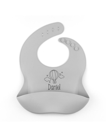 Babero SILICONA Personalizado Nombre + Globo, color a elegir