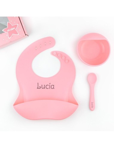 Vajilla con babero, bol y cuchara de silicona Salmón Personalizada