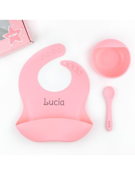 Vajilla con babero, bol y cuchara de silicona Salmón Personalizada